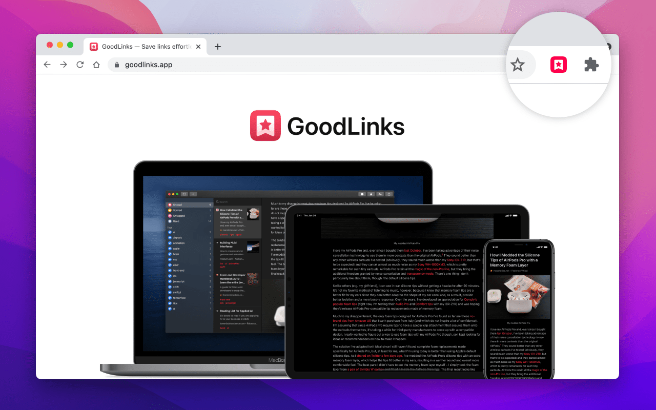GoodLinks la mot ung dung iOS giup nguoi dung luu tru cac duong dan (link) den bai viet, tin tuc, tai lieu... tu trinh duyet hoac ung dung khac de doc sau