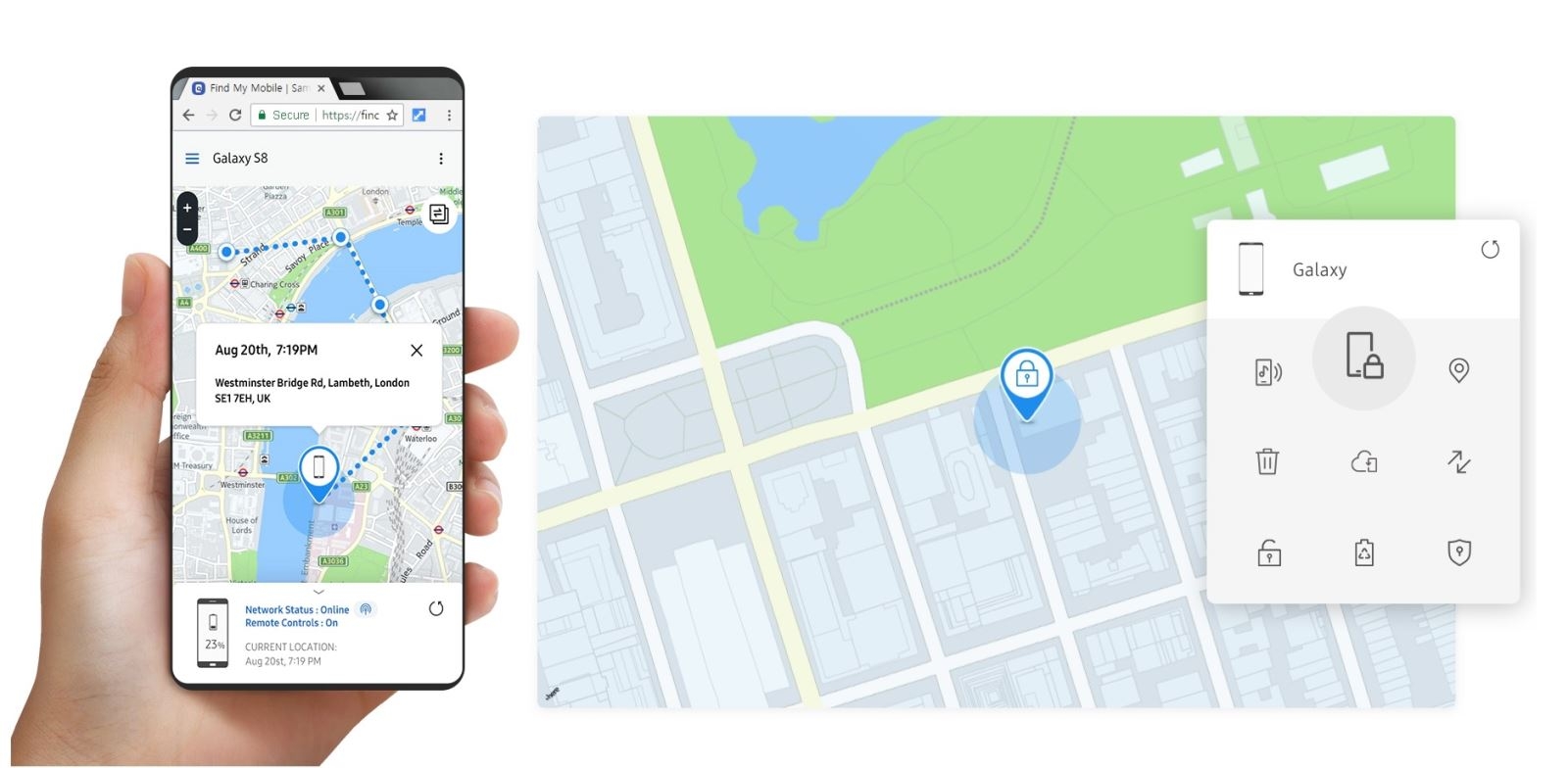 Samsung Find My Mobile la mot dich vu duoc tich hop san tren thiet bi Galaxy, cho phep nguoi dung theo doi, dinh vi, khoa thiet bi hoac xoa du lieu tu xa neu chang may bi mat dien thoai hoac may tinh bang