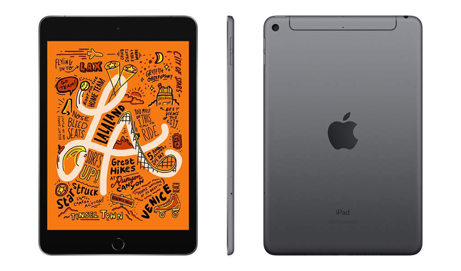 iPad mini 5 giu nguyen thiet ke co dien voi kich thuoc man hinh 7.9 inch, vien day o tren va duoi, va nut Home vat ly tich hop cam bien van tay Touch ID