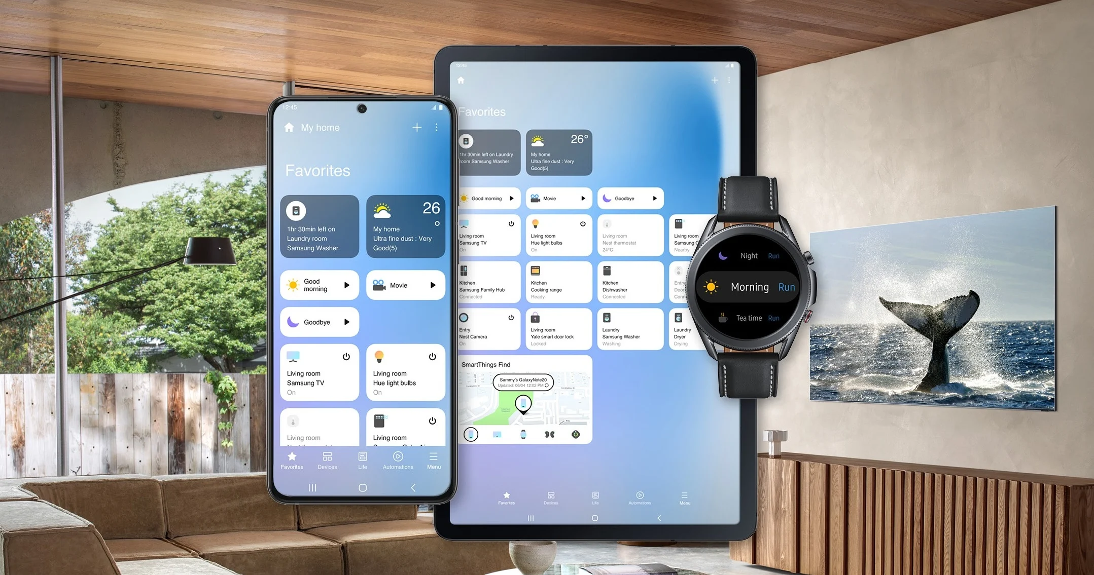 Samsung SmartThings la ung dung quan ly va dieu khien cac thiet bi nha thong minh, duoc tich hop san hoac co the tai ve tren cac thiet bi Galaxy chay he dieu hanh Android